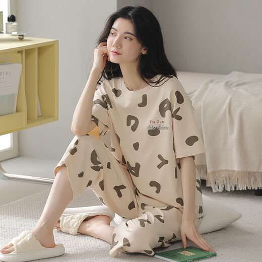 莫代尔纯棉睡衣女夏短袖七分裤运动风宽松休闲可外穿春家居服套装 T-9859(短裤套装) M (80-100斤)