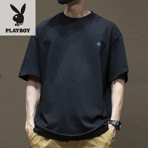 花花公子（PLAYBOY）纯棉重磅居家纯色百搭宽松新款短袖体恤男士纯棉个性印花图案半袖 蓝色1365 XL
