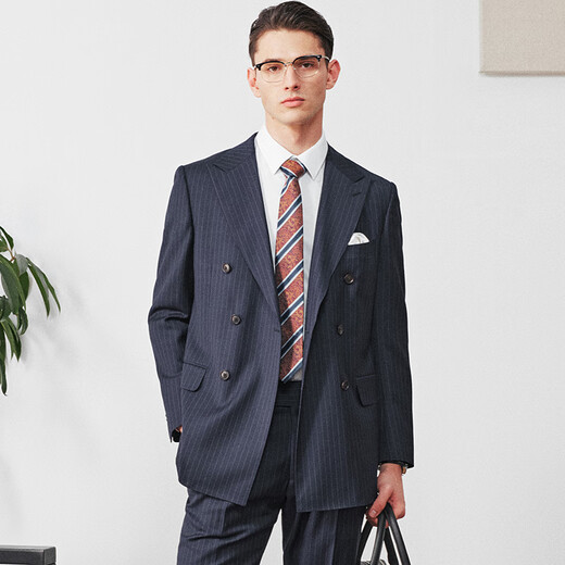 By Creations Perpin Wool Suit Men's Light Business Commuting Formal Fit Groom Wedding Dress Striped Suit Navy 44