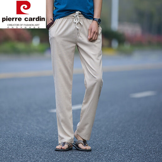 皮尔卡丹（pierre cardin）男士大码亚麻裤大码宽松直筒休闲运动裤复古粗布棉麻长裤麻布裤男 卡其色 偏深 L 125-145斤
