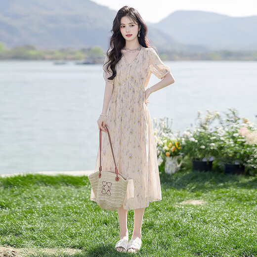 丝柏舍V领连衣裙2025夏装新女装时尚优雅泡泡袖印花气质中长裙