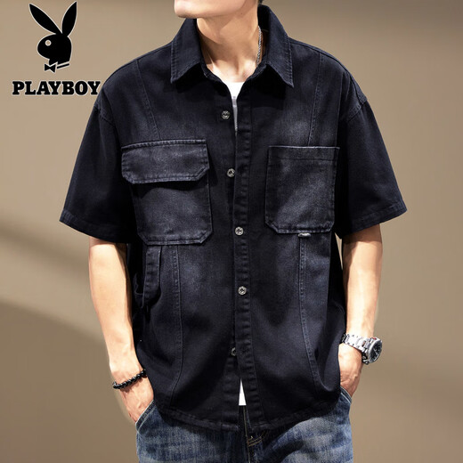 Playboy (Playboy) Summer American Retro Denim Shirt Men Men de travail à manches courtes à manches à manches