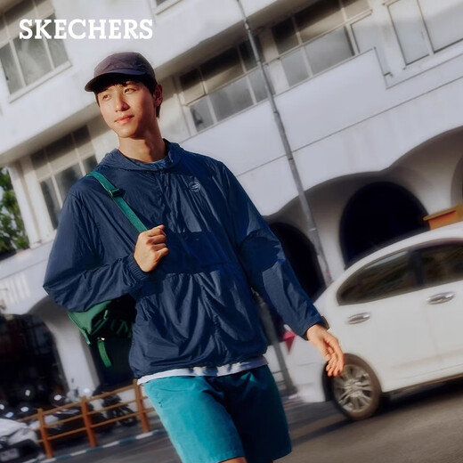 Skechers Men's Windbreaker Hooded Zipper Short Quick-Drying Sun Protection Jacket Versatile Top P224M032 Carbon Black/0018 L