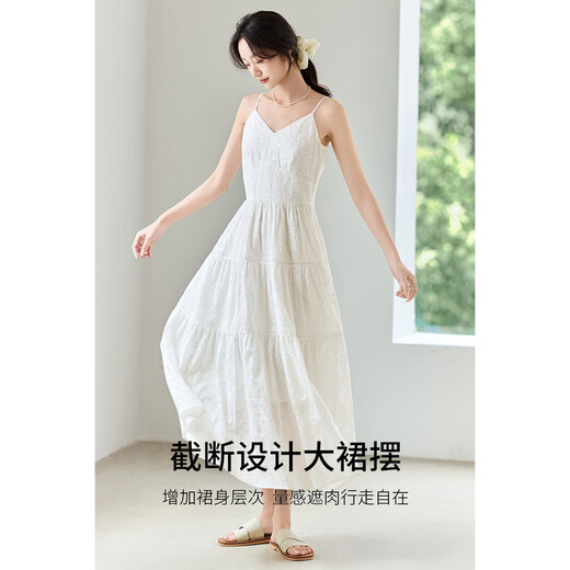 Shangdubila Urlaubsstil weißes V-Ausschnitt-Kleid für Frauen im Sommer High-End Taille Sackender Rock Romantischer mittelgroßer gestickter Rock