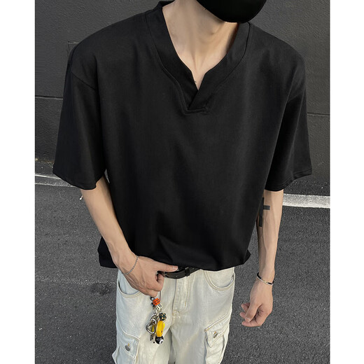 
She Manlai heavyweight short-sleeved T-shirt men's summer cleanfit Henry V-neck American high-end half-sleeved top base shirt men's black XL