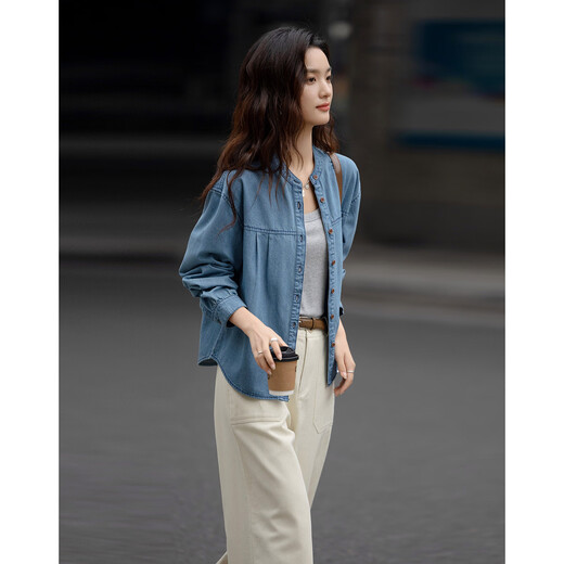 Demana Qinfu Cloud Feel Cotton Spring Simple Style Round Neck Shirt Comfortable to Hidden Meat and Matches Denim Shirt Women's Top