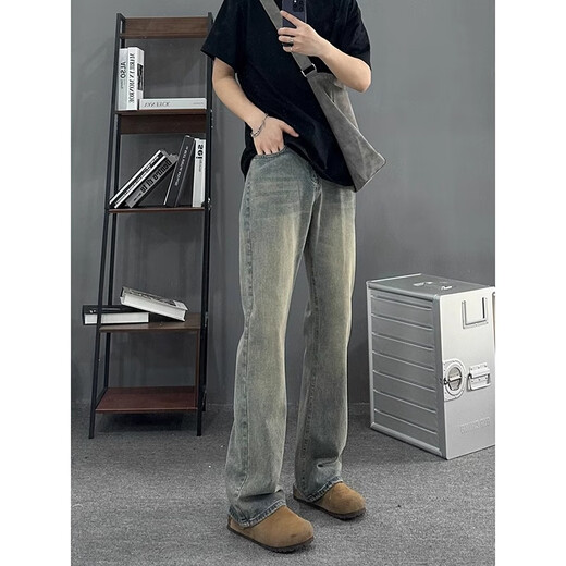 Poum Retro Blue Jeans Herren Frühling und Herbst hohe Hosen mit Breitbein schlanker und leicht ausgestellter Scimitar Hosen DDD-686 Retro Blue XL