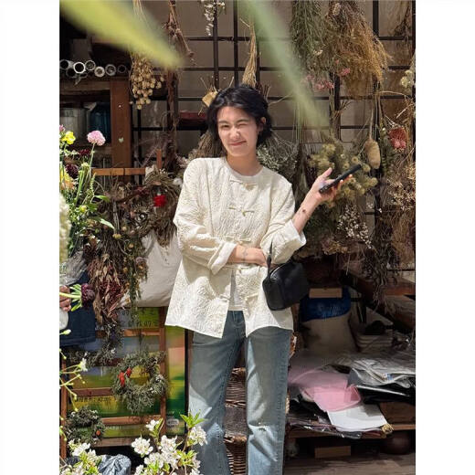 LANGQING TONG周浪清新中式国风盘扣薄款外套女2025年新款夏季米色圆领上衣 米色 XL 建议125-145斤