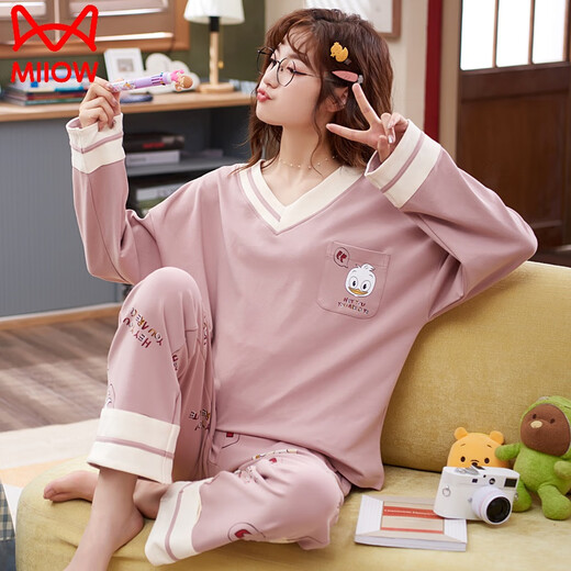 猫人睡衣女士春秋款2025年新款长袖纯棉大码夏天可爱秋冬季家居服套装 OY679 2XL (适合体重135-155斤)