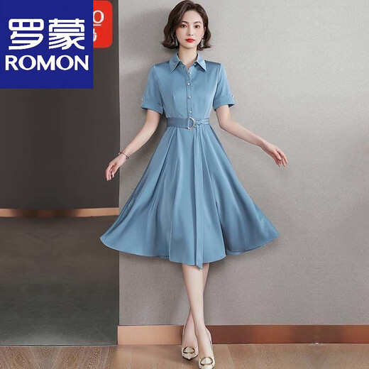 罗蒙（ROMON）高端缎面真丝连衣裙中长款女2025夏季款时尚收腰显瘦翻领衬衫裙 蓝灰色 L 105-115斤
