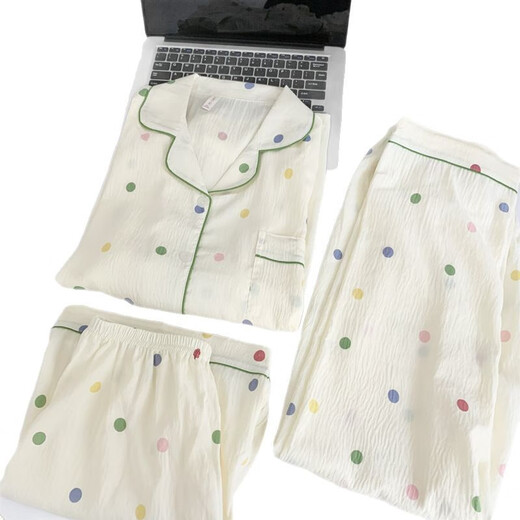 Jingpufei's new summer polka dot cotton gauze pajamas women's three-piece set comfortable home clothes Yunduo Cotton-9905# Black Love Three-piece Set M [Suggestion 75-100Jin [Jin equals 0.5 kg]]
