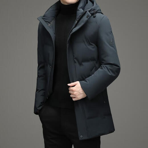 Lilang men's mid-length suit men's winter 90 white duck down business casual hooded thickened warm jacket Black 1355 L 175 Suggestions [120-140Jin [Jin equals 0.5 kg]]