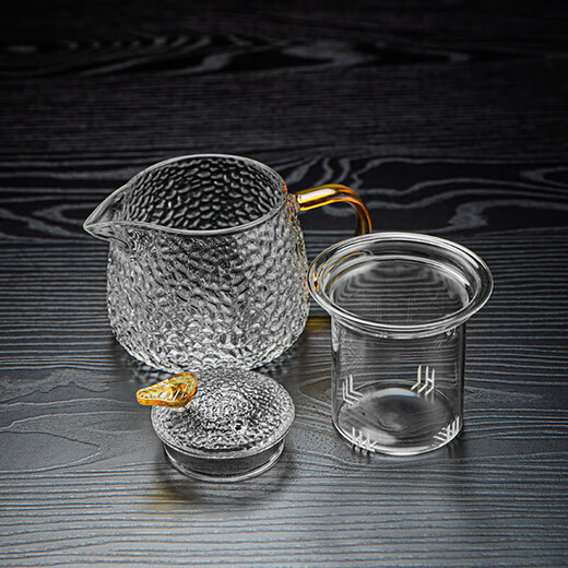 Hammered glass tea set, high temperature resistant teapot, tea brewer, teacup, tea water separation filter, smooth water outlet, small leaf teapot 350ML+2 yellow handle hammered cups