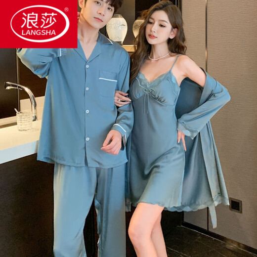 浪莎（LangSha）情侣睡衣真丝男女士春秋季长袖薄款性感吊带睡袍感套装舒适 1098酒红色俩套价 M 男L+女