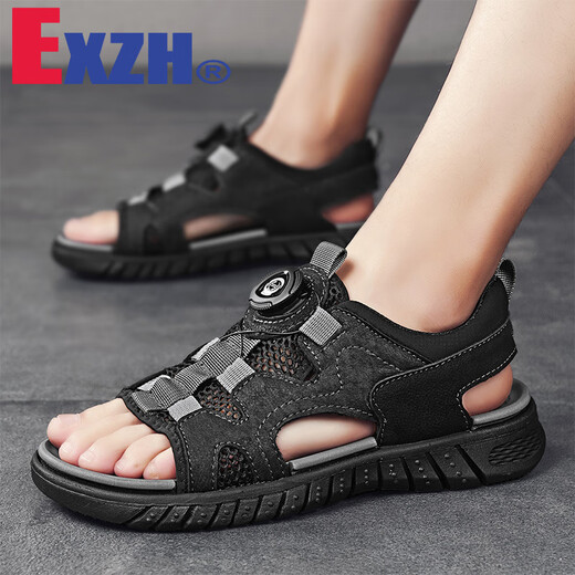 Exzh Brand Summer Herren Open-toed-Sandalen Echtes Leder atmungsaktivem Rotary Buckle Beach Schuhe Outdoor Sport und Freizeitloch Schuhe Grau [9856 Strandstil] 38