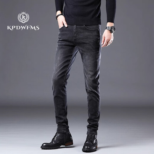 
Kpdwfms International Brand 2025 Spring and Autumn Jeans Men's Slim Small Foot Korean Version Black Stretch Casual Versatile Pants Gray 1049 Plus Fleece 28