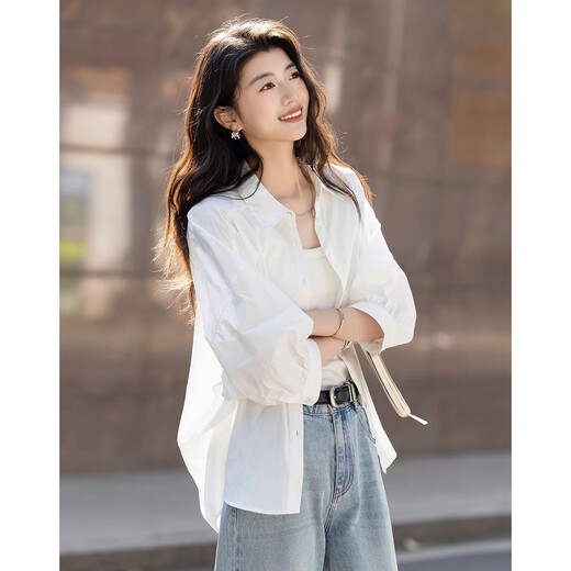 Demana pure cotton 100 white shirt, summer simple lapel, contrasting color buckle, five-quarter sleeve shirt, women's top