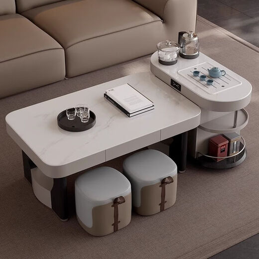 Yijing style multifunctional microcrystalline stone retractable kungfu coffee table modern living room household high-end kettle integrated tea table multifunctional kungfu coffee table with socket comes with kettle + purified water bucket + waste water bucket + 2 stools
