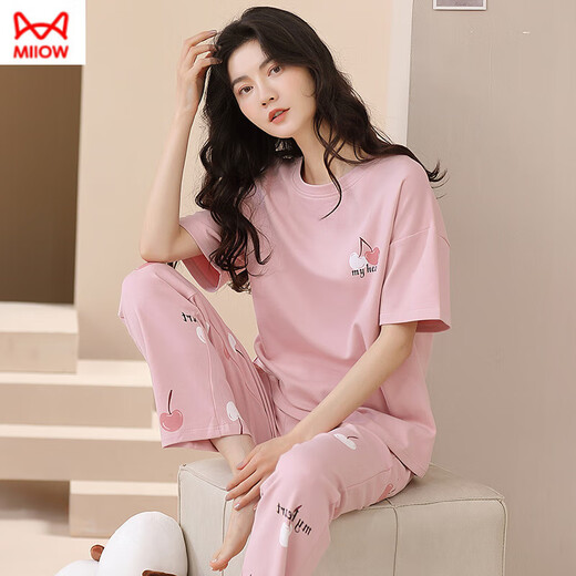 Cat man pure cotton pajamas for women in spring and summer short-sleeved trousers casual loose women Korean style home clothes for autumn wear suit T-9720 (short-sleeved trousers) M (85-105Jin [Jin equals 0.5 kg])