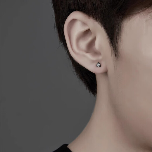 Mansheng Sanshengshi s999 sterling silver earrings for men, high-end and temperament, autumn and winter ear piercing, non-allergenic silver earrings, 999 pure silver Sanshengshi earrings, black single