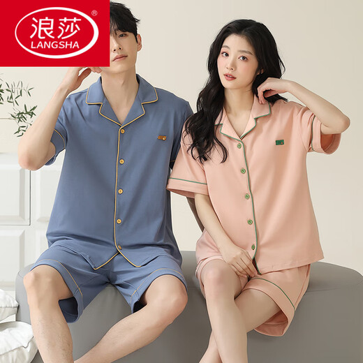 浪莎（LangSha）情侣睡衣夏季纯棉短袖短裤简约开衫可外穿男士女款全棉家居服夏天 X12707-12808# M 女款：