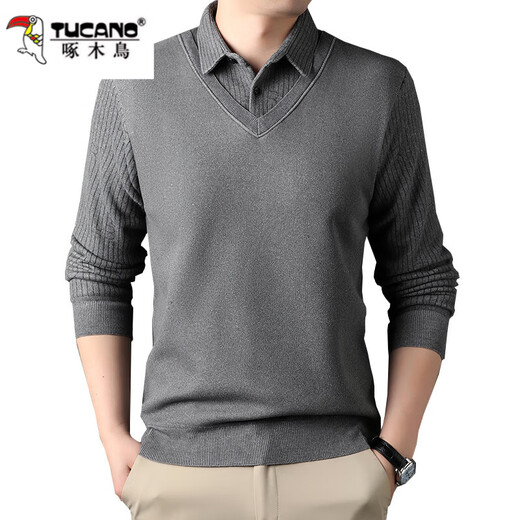 Spechtmänner gefälschte zweiteilige Pullover-Strickhemd-Hemdkragen Daddy Anzug plus Samt verdickte warme neue Stilstreifen 9013 Blau grau 4xl
