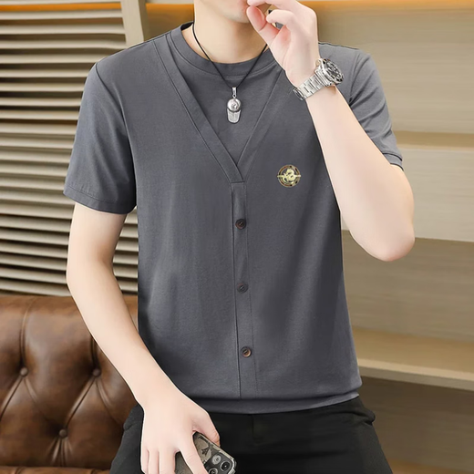 
Woodpecker (TUCANO) summer ice silk knitted fake two-piece short-sleeved T-shirt men's Korean style slim and cool and thin half-sleeved T-shirt top 6625 black M (90-110Jin [Jin equals 0.5 kg])