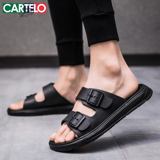 卡帝乐鳄鱼（CARTELO）拖鞋男夏季外穿爆款透气凉拖鞋男休闲一字拖沙滩鞋 黑色 40-41码