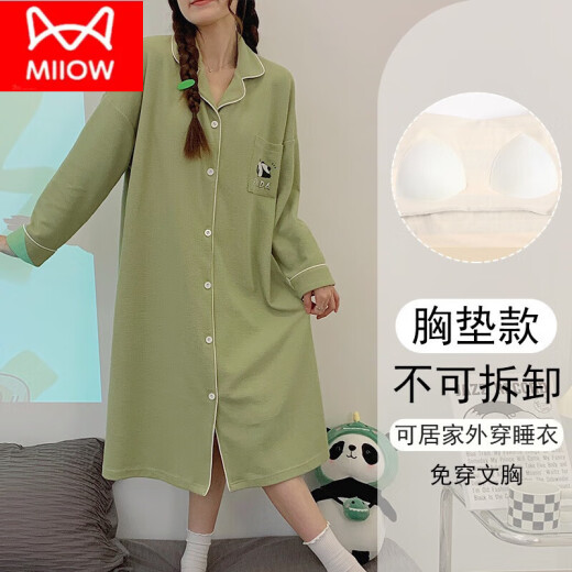 Catman (MiiOW) large size panda pajamas with chest pad anti-protrusion long-sleeved nightgown for women in spring and autumn new high-end home clothing 16856 without chest pad M