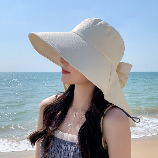 
Summer sun hat, fashionable and versatile large brimmed shawl bow fisherman hat outdoor bike climbing sun hat 8759-Champagne rice [Shawk neck protection] hat 55-58cm