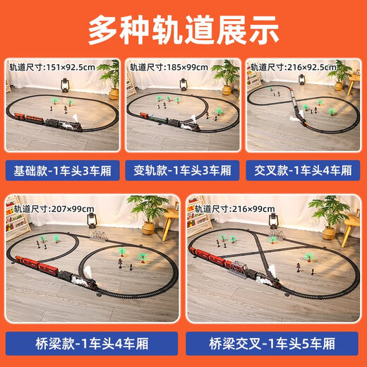 儿童电动遥控复古蒸汽小火车玩具轨道车套装仿真铁轨动车模型男孩 交叉-蒸汽火车[92.5*216cm]配5车 遥控+电动-双模式-礼盒装[充电