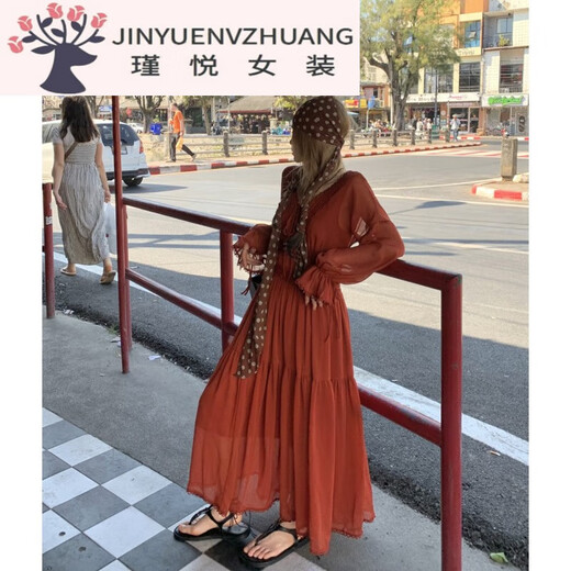 魁熙大码法式复古深V绑带连衣裙收腰蕾丝花边长裙长袖显瘦红色茶歇裙 3527楼兰女孩长裙 L 大