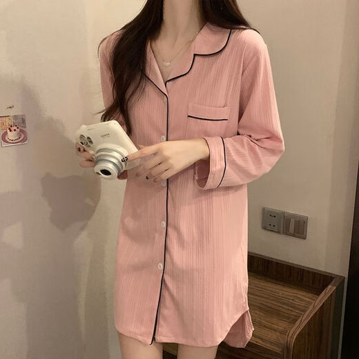 乐僖贝俫豆沙色睡衣女长袖睡裙家居服 681#豆沙色衬衫裙 175 L (95-110斤)