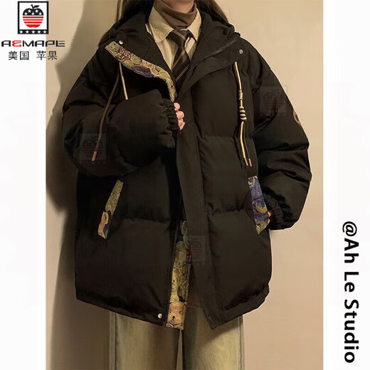 AEMAPE retro winter cotton jacket for men and women bear jacquard splicing hooded jacket trendy brand thick warm boy jacket winter M6636 gray (three-bar cotton jacket) M [Recommended: 90-110Jin [Jin equals about 0.5 kg]]