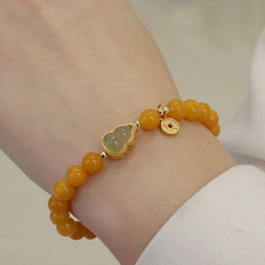 Fat Donglai's same style beeswax bracelet, beeswax bracelet, female old honey chicken oil yellow Hetian jade gourd, Hetian jade Fulu bracelet 8mm single circle bracelet