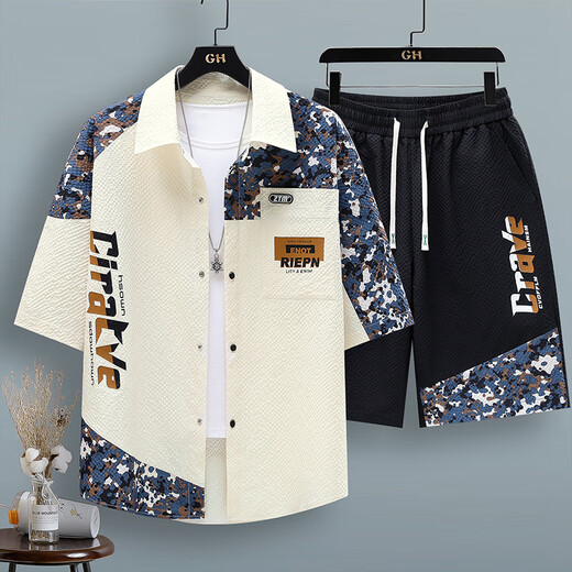 HUALIN FASHION拼色工装短袖衬衫男士夏季薄款速干凉感衬衣 TZ686-1衬衫-米色 M (约85~105斤可穿)