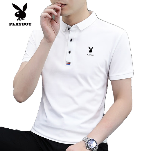 花花公子（PLAYBOY）高档新款夏季短袖T恤polo.衫男士纯棉时尚潮流修身帅气男t半袖 844白色 L 100-125斤