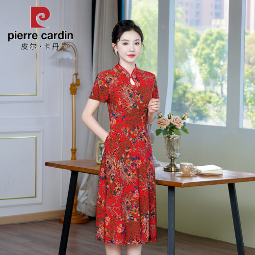 皮尔卡丹旗袍女中长款夏季女装2025新款中年妈妈短袖旗袍裙改良复古连衣裙 698红色 5XL 建议146-155斤