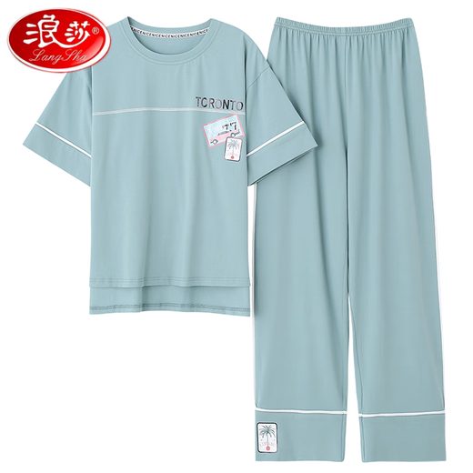 Langsha Pyjamas haut de gamme pour femmes coton pur 2025 Nouveau pantalon à manches courtes vêtements pour la maison pour le costume de coton mince 7374 Green M 80-100jin [Jin est égal à 0,5 kg]