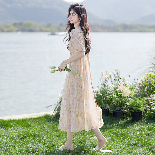 丝柏舍V领连衣裙2025夏装新女装时尚优雅泡泡袖印花气质中长裙