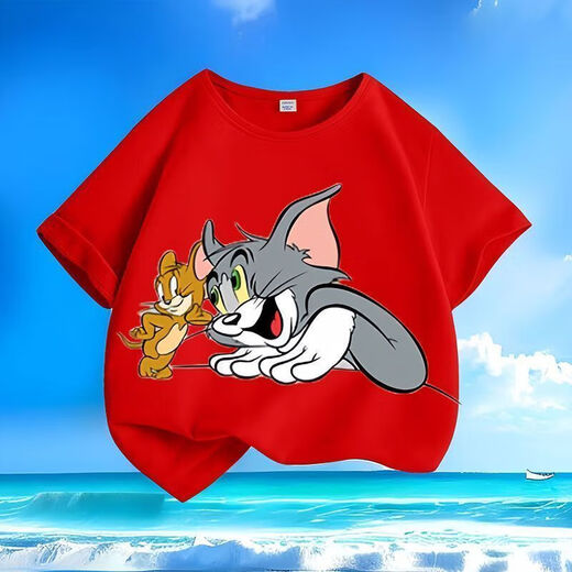 Cat and mouse summer new cartoon short-sleeved T-shirt for men and women, small and medium-sized children, pure cotton round neck, loose and versatile - SL yellow - KX683 Cat and mouse, one size [a small size/suggested to take a larger size]