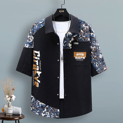 HUALIN FASHION拼色工装短袖衬衫男士夏季薄款速干凉感衬衣 TZ686-1衬衫-米色 M (约85~105斤可穿)