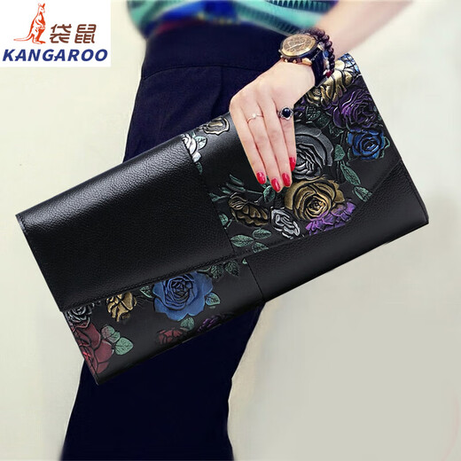 Kangaroo ethnic style clutch bag for women European and American top layer cowhide bag for women fashion small bag trendy envelope bag gold rose small
