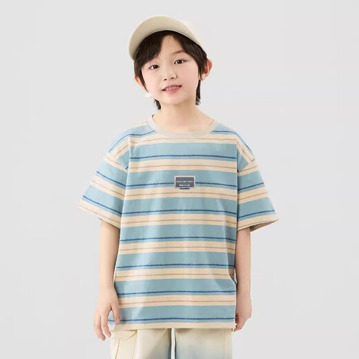 Ikano I.KARNOW boys short-sleeved pure cotton children's striped t-shirt 2025 new summer handsome fashionable big children's top loose street [two pieces combination] 19087 blue + 9905 white 120