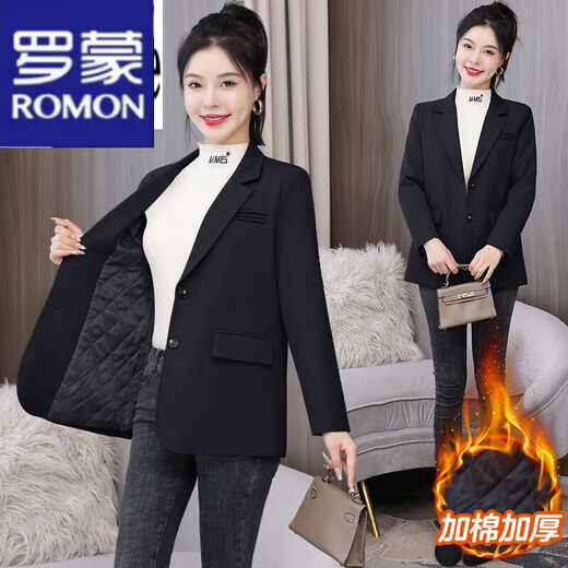 ROMON Casual Suit Jacket Women's 2023 Autumn and Winter New Loose British Style Short Padded Thickened Professional Suit Top Black M