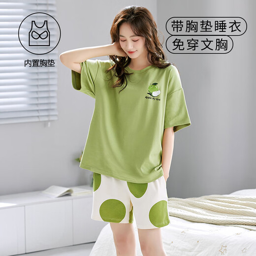 Qin Nuan brings breast pad pajamas for women short-sleeved shorts for summer high-quality cotton thin bra-free home clothing with chest pad short cover G1047 M for women [70-90Jin [Jin equals 0.5 kg]]