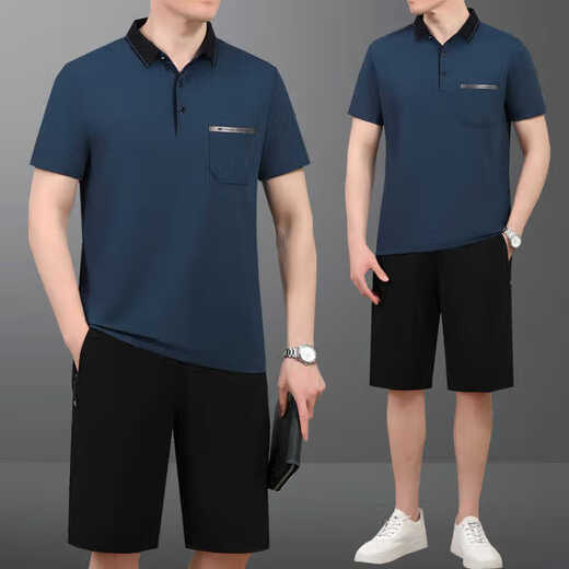 
DK brand men's short-sleeved T-shirt suit men's summer sports POLO shirt loose middle-aged and elderly casual two-piece set 682-water blue [short-sleeved + shorts] L