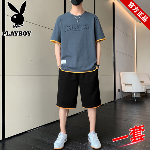 Playboy brand men's short-sleeved T-shirt in summer new trendy round neck ice silk fashion sports suit loose versatile shorts 22022+2099 black M