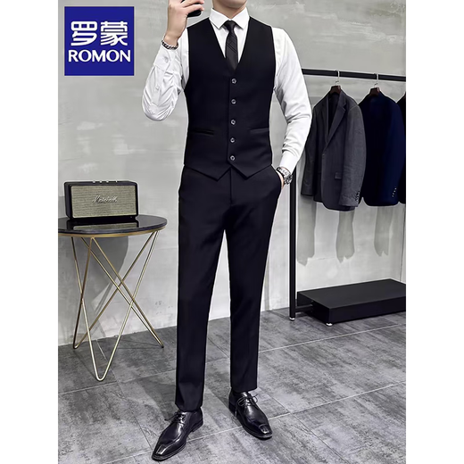 
Romon Suit Vest Suit Set Men's Wedding Groomsmen's Group Dress Business Casual Large Size Workwear Vest Professional Outfit LT8801 Black Vest 2XL (180)