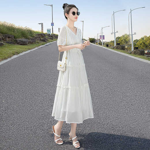 
Silk Cypress V-neck Dress 2025 Summer New Women's Gentle and Elegant Spliced ​​High Waist Drawstring Mid-Long Skirt